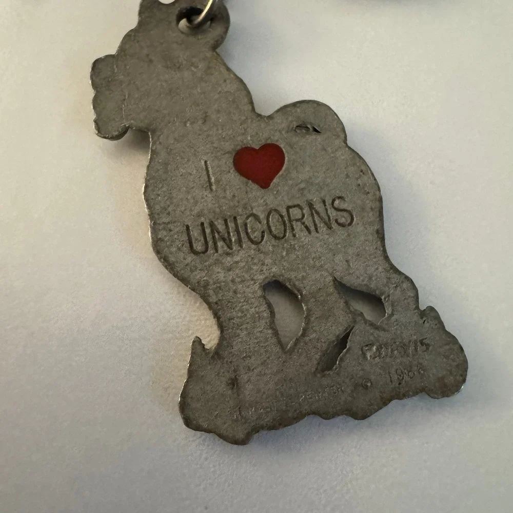 Vintage I Love Unicorns Pewter Keychain Cliffe Pewter Made in 1986, Novelty Gift